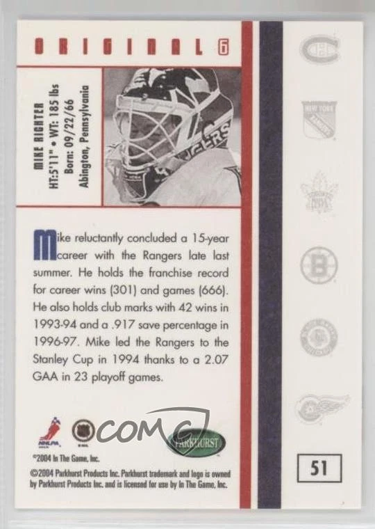 2003-04 Parkhurst Original Six New York Rangers Mike Richter #51 - Image 2 of 2