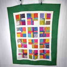 Vintage Handmade Patchwork Quilt Lap Wall 38 x 47 Scrappy Colorful Green Floral