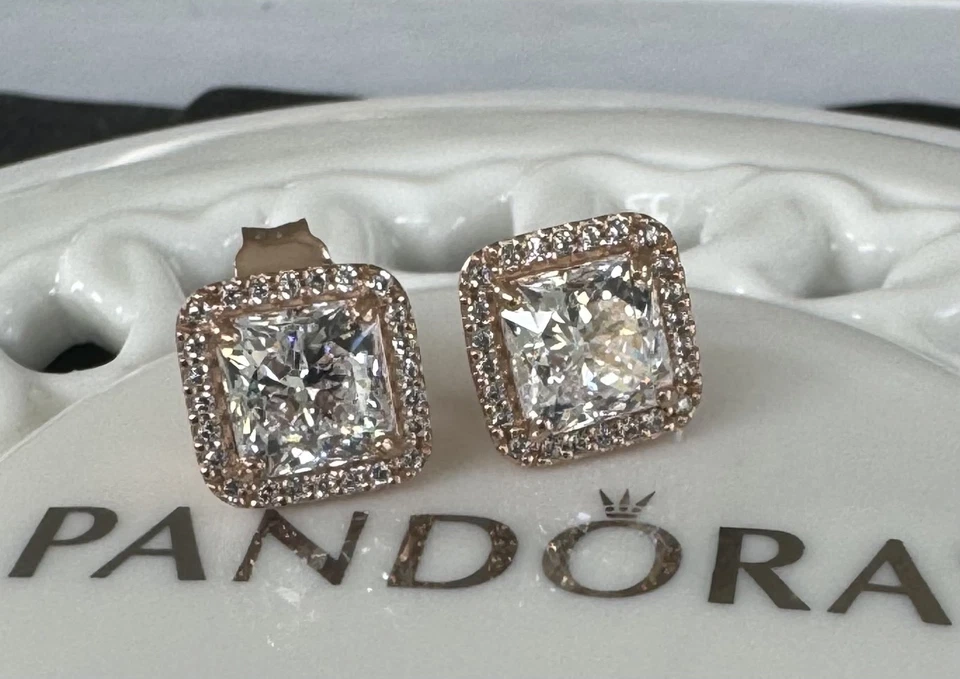 Auténticos Pendientes Pandora ROSA ROSA Cuadrado Brillante Halo #280591CZ Foto 3 de 4
