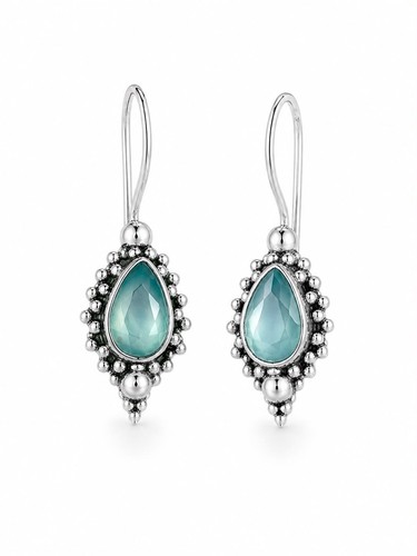 925 Sterling Silver  Blue chalcedony Teardrop Dangle Earrings  Oxidized Silver