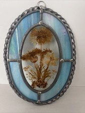 Suncatcher Iridescent Blue Leaded Stained Slag Glass Dried Flower Vintage 7x5  