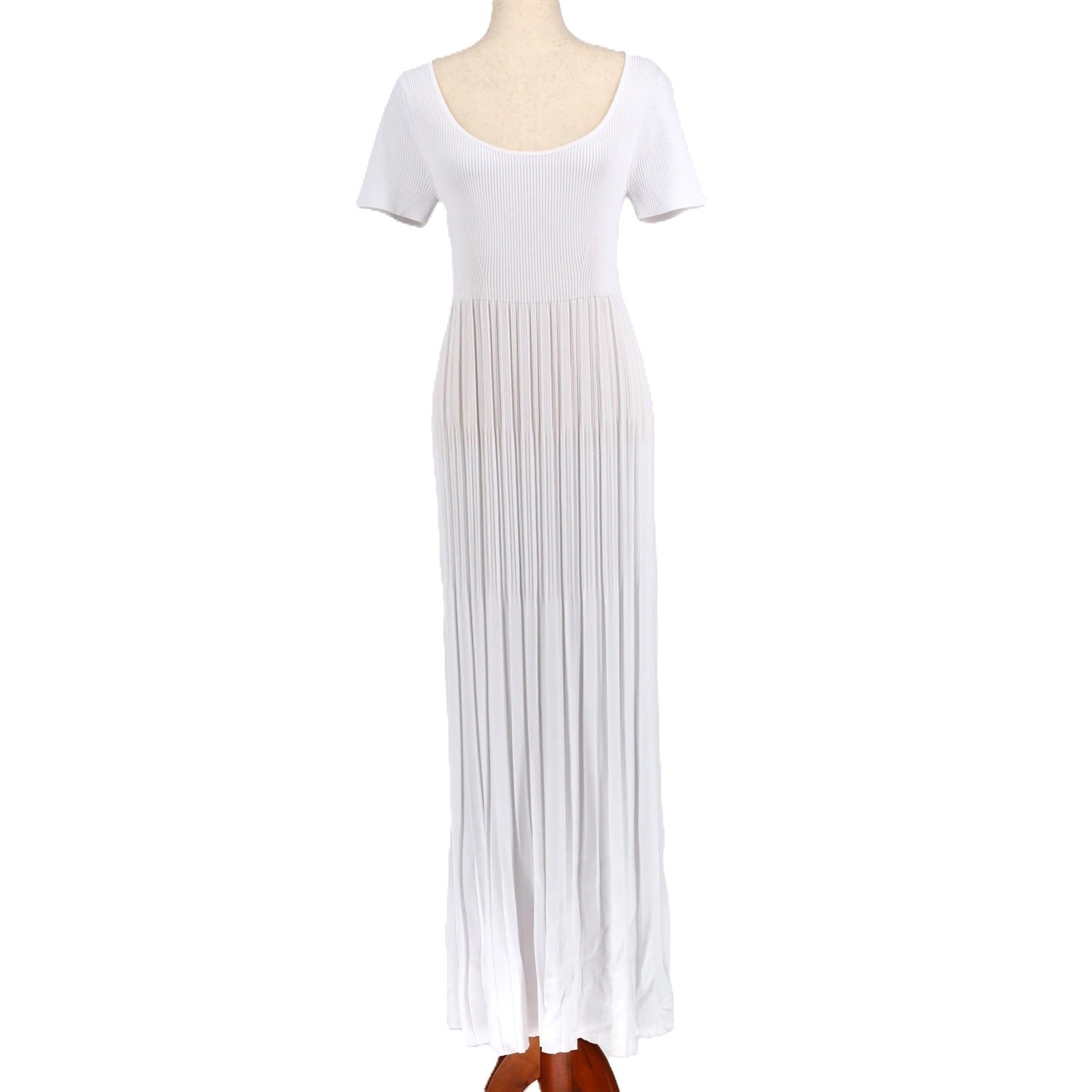 Michael Kors Women White Rib Knit Viscose Pleated Empire Waist Maxi Dress Size L