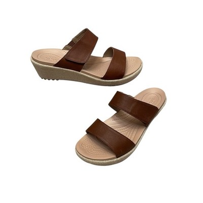 CROCS A-Leigh Brown Leather 2 Strap Canvas Wedge Comfort Sandals Women s size 7