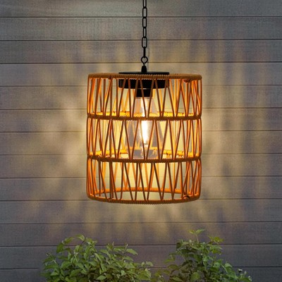 Solar Chandelier Lantern,Outdoor Rattan Pendant Lights,Waterproof Boho Brown 