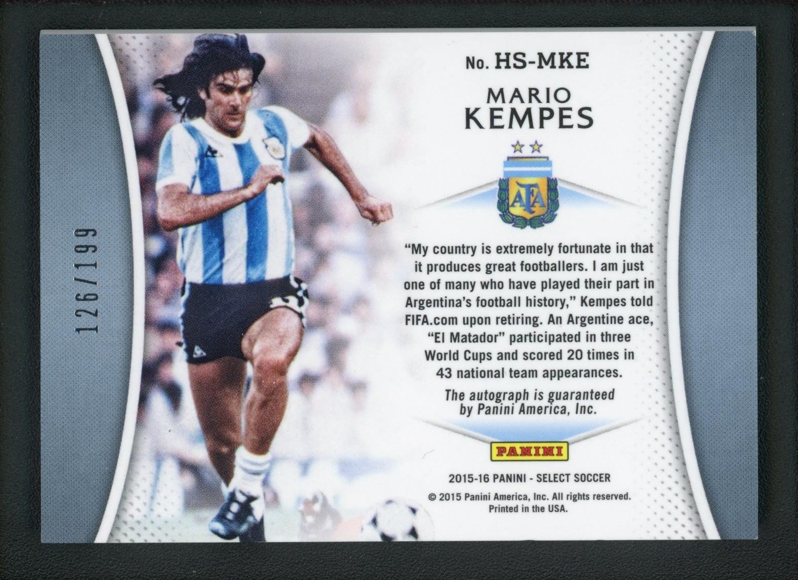 2015-16 MARIO KEMPES 126/199 AUTO PANINI SELECT HISTORIC SIGNATURES (read) view 2