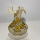 Vintage Fenton Ruffled Satin Custard  Glass Vase Hand Painted Floral.