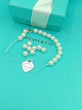 Return To Tiffany Silver Heart On 8 mm Pearl Bead Balls Bracelet 7.5" Broken 
