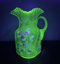 Antique Dugan Green Uranium Glass 10 Water Pitcher Enameled Wild Flower c1905