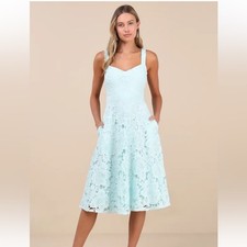 Lulus Divine Beauty Mint Blue Lace Midi Dress With Pockets Size Medium