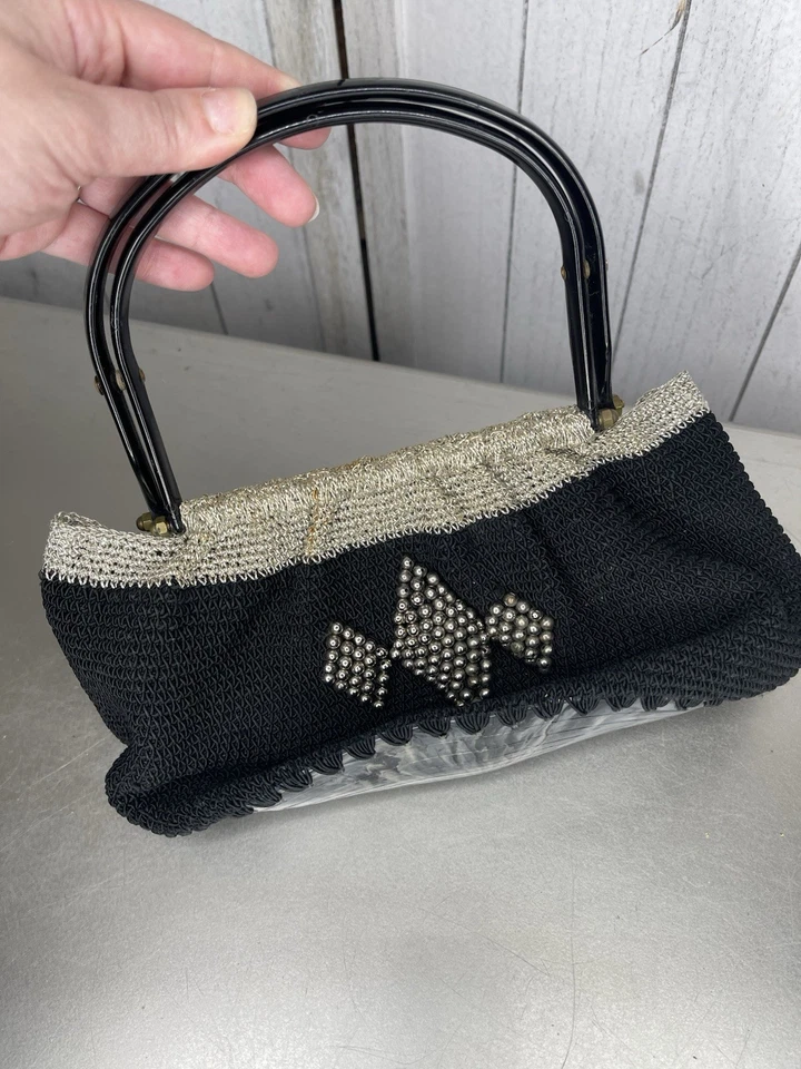 Vintage 60s Crochet Purse & Woven Metal With Silver Bead Accents Top Handle - Image 3 of 4