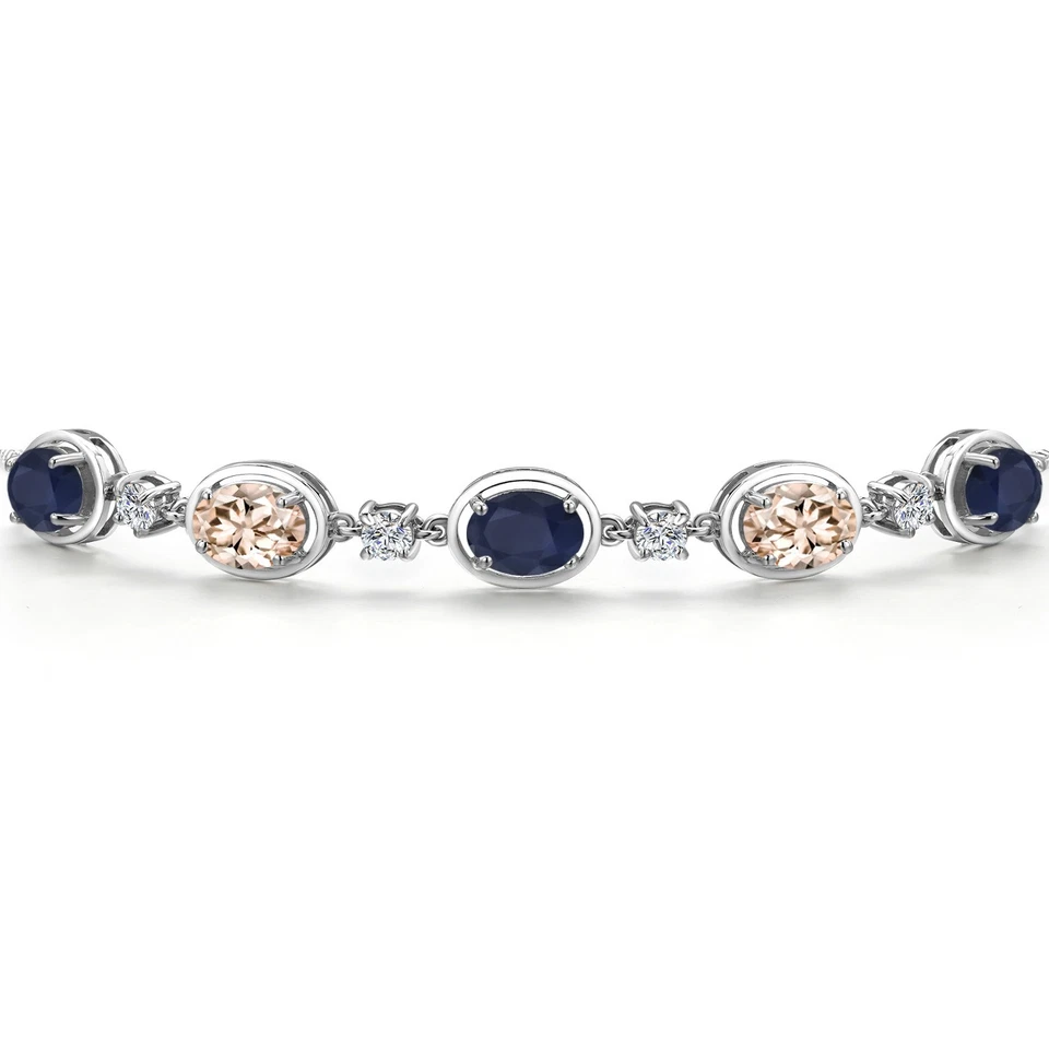 925 Sterling Silver Sapphire and Peach Morganite Bracelet For Women | 4.30 Cttw - Image 3 of 4