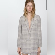 Mango check print blazer jacket in grey cotton blend lightweight small