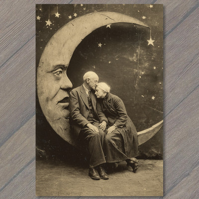 POSTCARD Elderly Couple Resting Upon Crescent Moon Vintage Night Sky Stars ```