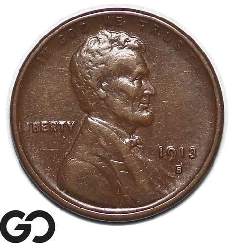 1913-S Lincoln Cent Wheat Penny Choice AU+, Semi-Key Date