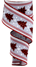Buffalo Plaid Red Christmas Trees 2.5" by 6 yds Gray Wired Ribbon Winter
