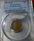 1922 No D Lincoln Wheat cent weak reverse PCGS Graded VF20 in coin protector