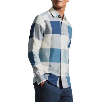 Ted Baker Herren Neetly Langarm Hemd Herren Mittelblau Kariert Knopfleiste Oberteil