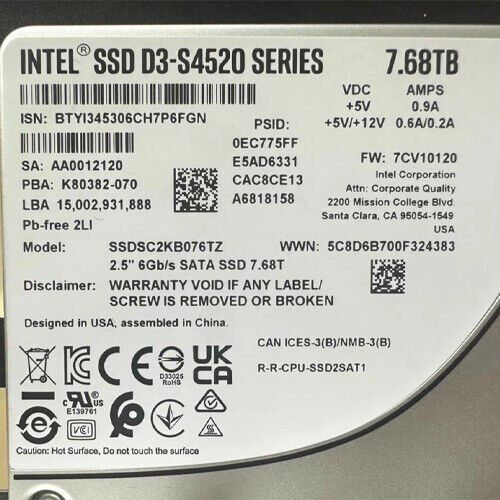 Intel S4520 7.68T SSD SATA D3-S4520 2.5" Solid State Drives SSDSC2KB076TZ - Picture 1 of 1