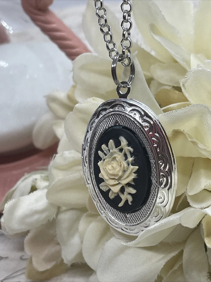 Medallón Camafeo Día de la Madre Rosa Crema NEGRO Plata Pascua GÓTICO Regalo Boda nuevo Foto 4 de 4