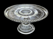 Vintage Cut Glass Clear Cake Stand Pedestal Laurel Leaf Design Scalloped Edge