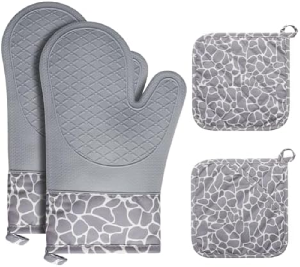 Cozary Set di 4 Guanti da Forno Silicone, Guanti da Cucina 1 Coppia e 2 Presine