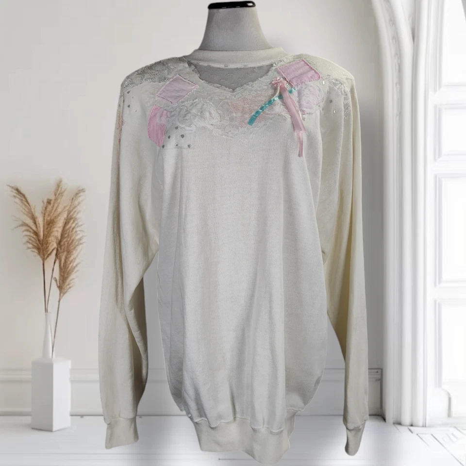 Vintage Oversized Embellished Sweatshirt Size L Lace Faux Pearls Glitter Bows - Image 2 of 4