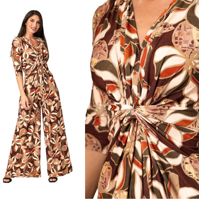 Palazzo Damen Overall geblümt beige, 3/4 Ärmel und V-Ausschnitt APPST2 Nuovo