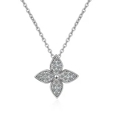 Sterling Silver Four-Petal Flower Clover Necklace, 925 Silver Pave Charm Pendant