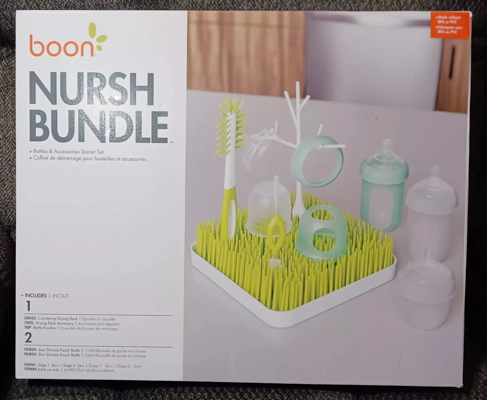 Boon Nursh Bundle (2) 8 OZ & (2) 4-OZ Bottles Grass Twig & Cleaning Brush Set