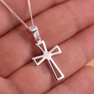 Massiv 925 Sterlingsilber Einfach Offenes Kreuz Anhänger Bordstein Kette Halskette Geschenkbox