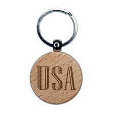 USA Patriotic Text Engraved Wood Round Keychain Tag Charm