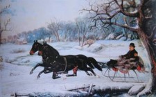 Old Fashion Horses Sleigh Currier and Ives type print Christmas