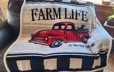 Farm Life Truck Red Black Blanket Plaid Super Soft Plush 51x58 EUC
