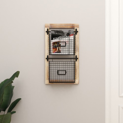 25"Black Wood 2 Slots Magazine Rack Holder with Suspended Baskets and