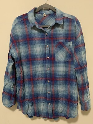 BP Nordstrom Women Medium Blue Red Plaid Long Sleeve Button Shirt Hi-Lo Flannel