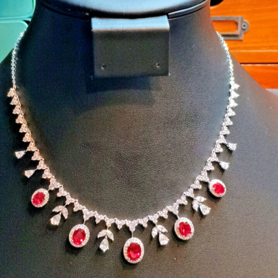 Sterling Silver Rubies and CZs Necklace Lobster Claw Clasp 17''L NwTs