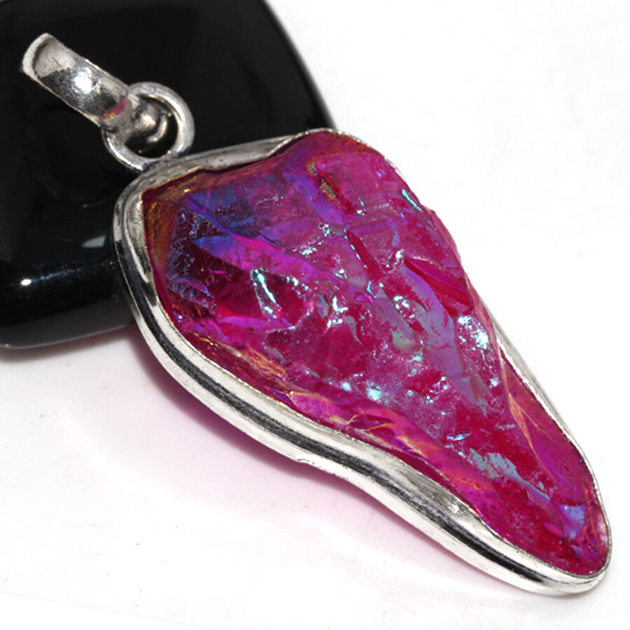 Pink Titanium Aura Quartz 925 Silver Plated Pendant 2.1