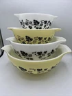 4 Vtg PYREX Gooseberry Yellow, Black & White Cinderella Mixing Bowls Set nesting