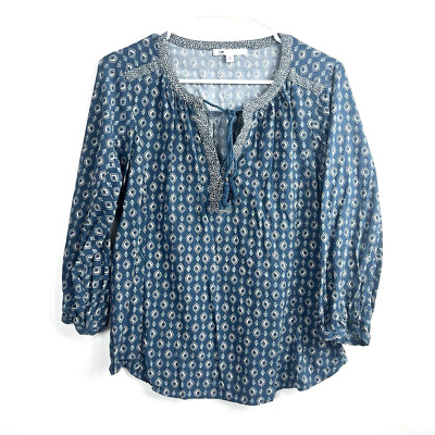 Women's DR2 Round Neck Tassel Blue Cream Diamond Pattern Blouse Size Medium