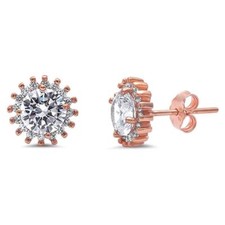 Rose Gold Plated Cz Solitaire .925 Sterling Silver Earrings