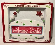 Hand painted ceramic w/metal wall hanger welcome Santa 16x13.6x .5 inches NEW!