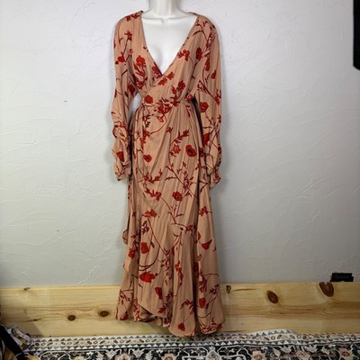 Johanna Ortiz x HM Wrap Boho Maxi Dress XL Tan Red Floral Long Sleeve Romantic
