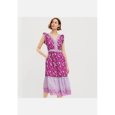 Loft Petites Pink Floral V-Neck Ruffle Sleeveless Midi Dress 8P