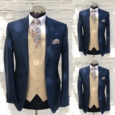 Formal Business Tuxedos Men's Suits 3PCS Peak Lapel Coat Workwear Blue Jacket