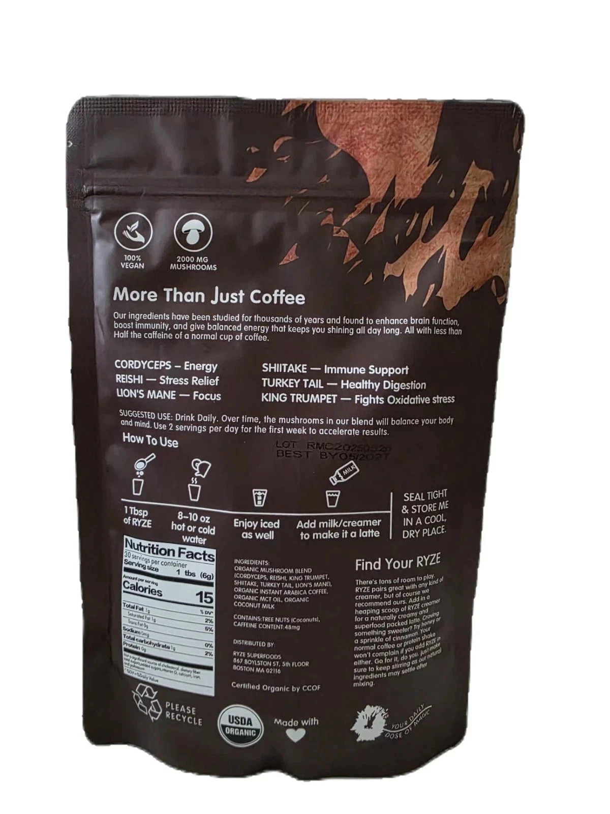 RYZE Mushroom Coffee w/MCT Oil: Premium Blend, Rich Flavor & Added Nutrition