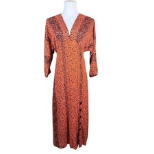 Angie Womens Orange Black Leopard Print V-Neck Maxi Dress Side Buttons Size M