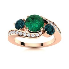 Emerald  London Blue Topaz Round 925 Silver Rose Plated Three Stone Women Ring