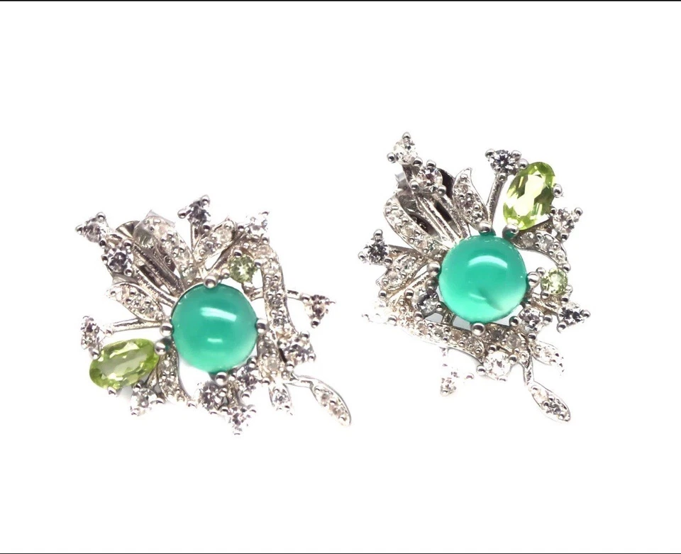 Pendiente hecho a mano ágata verde 6 mm peridoto y circón plata 925 chapado en oro blanco Foto 2 de 4