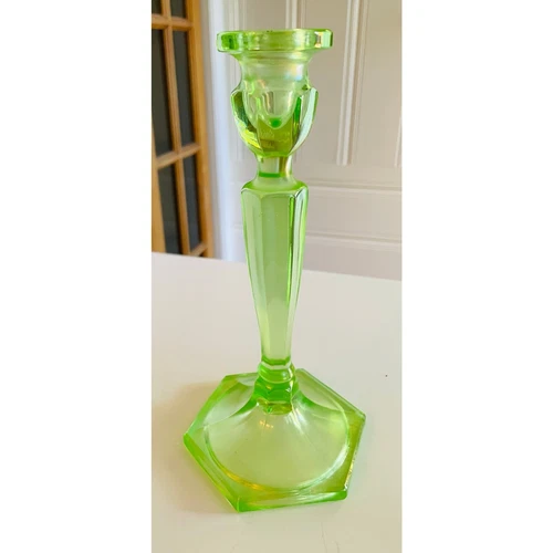 1920s Florentine Green Fenton No. 449 Vaseline Stretch Glass Candlestick - ONE