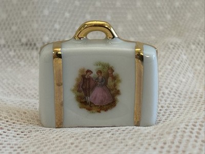 LIMOGES France Miniature Porcelain Suitcase~Flower~Gold Trim~1 1/2 